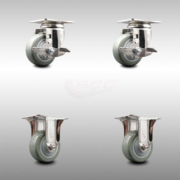 Service Caster 3 Inch 316SS Gray Polyurethane Swivel Top Plate Caster Brake 2 Rigid SCC, 2PK SCC-SS31620S314-PPUB-TLB-2-R-2 - main